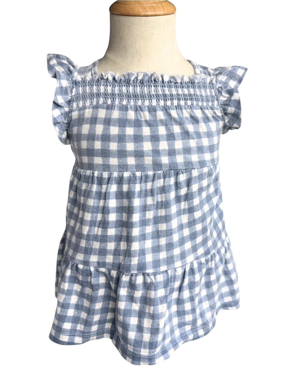 Dip Baby Girls Blue White Gingham Smocked Flutter Sleeve Dress 6-12M
